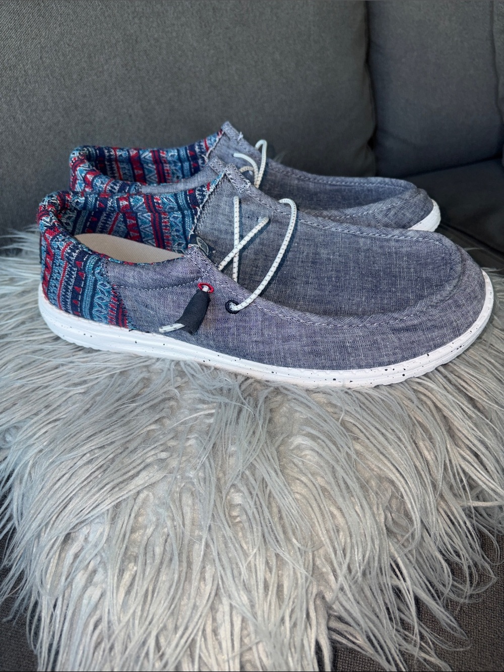Hey Dude Gray Canvas Slip-Ons with Multicolor Patterned Collar